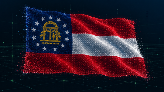 Original digital interpretation of the Georgia state flag formed from colored point-cloud data and a survey-grid mesh.